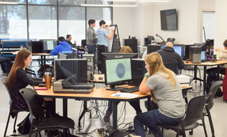 students working at computers in the Chevron Center for Engineering Education