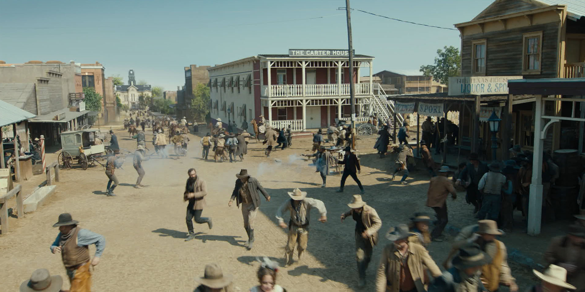 scene from Yellowstone of gunfire in town