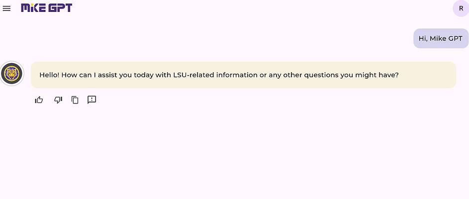 Screengrab of MikeGPT in action, with the user saying, "Hi MikePGT" and AI responding, "Hello! How can I assist you today?"