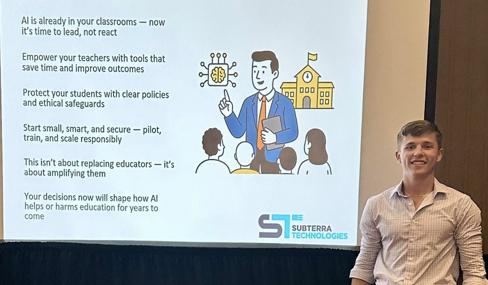 Noah Deshotel presenting before a group