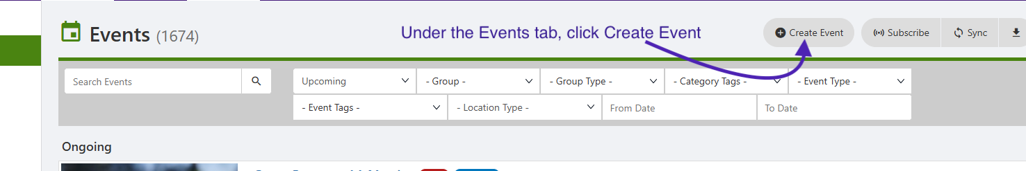 view of TigerLink with Create Event option