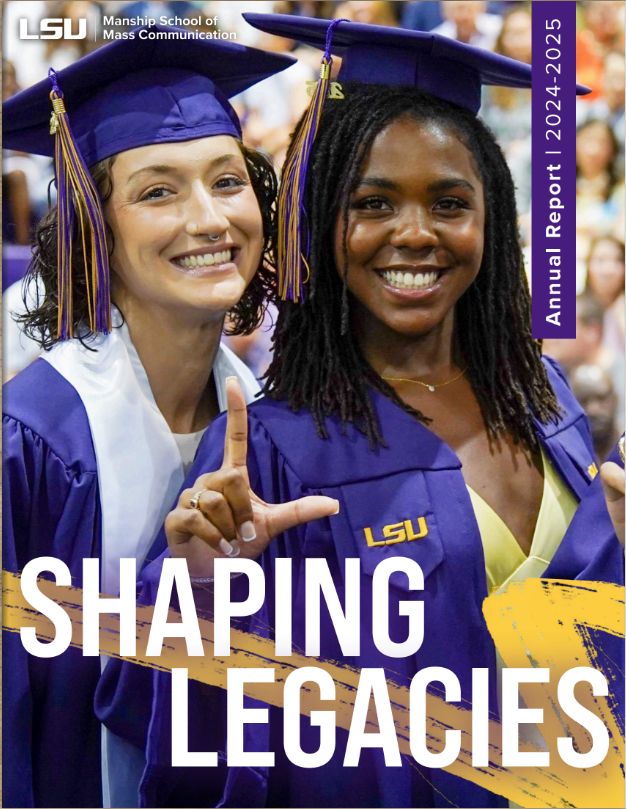 2024-2025 annual report cover depicting two LSU graduates posing together.