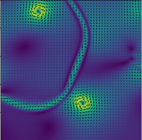 Late-stage numerical simulation of a temperature quench through the transition to a chiral p-wave superfluid showing two time-reversed chiral domains, vortices, anti-vortices and chiral edge currents confined on the domain wall.