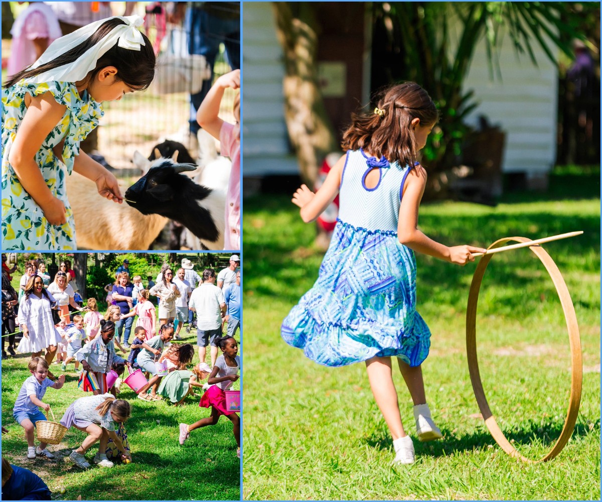 A collage with three images showing children hunting for easter eggs, a girl feeding a goat, and a girl playing with a traditional hoop game