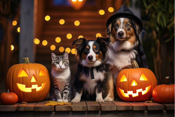 dogs wearing Halloween costumes