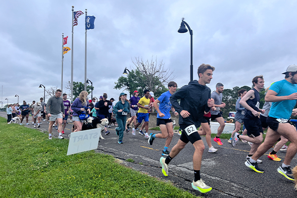 runners and dogs start running the 5K at the Great Rover Road Run